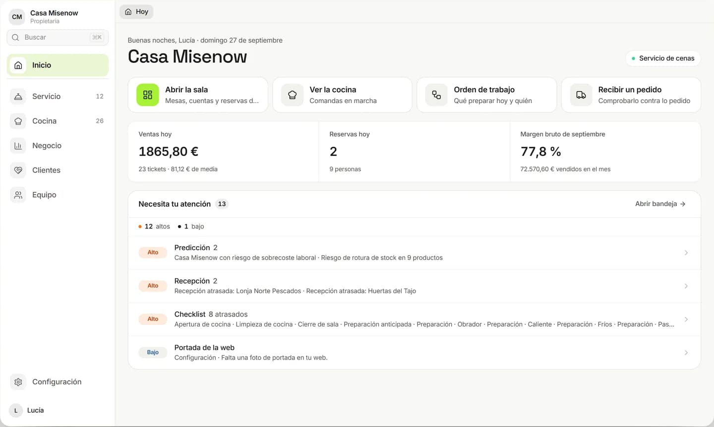 Inicio de MARCHAR con las ventas del día y los avisos agrupados de Casa Misenow