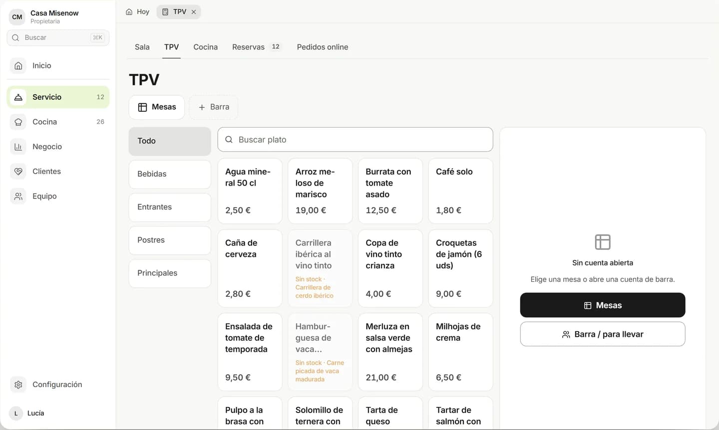 El TPV con la carta por categorías y la cuenta de una mesa